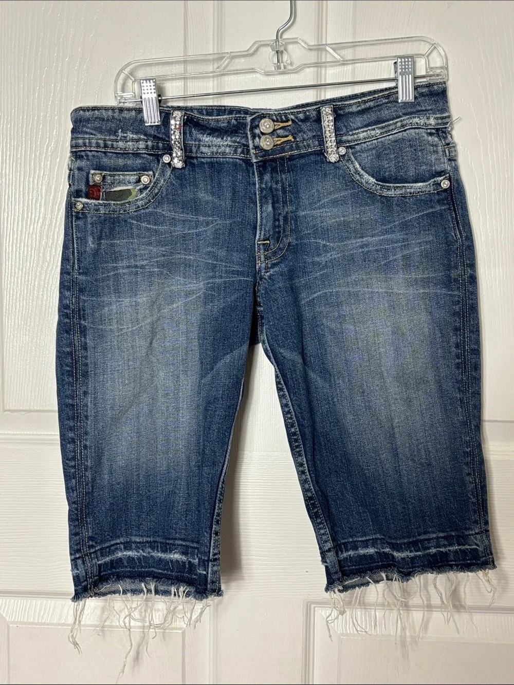 Miss Me Windsor Blue Distressed Denim Long Shorts Size 29 Rhinestone camouflage
